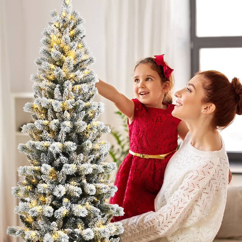 Costway 7.5FT Pre-Lit Hinged Christmas Tree Snow Flocked w/9 Modes - See Details
