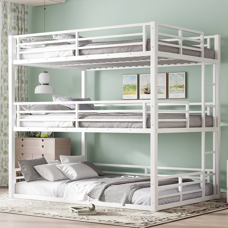 Roomfitters Twin/Full/Queen Metal Triple Bunk Bed with Safety Guardrails, Heavy-Duty Noise-Reduced Frame, White