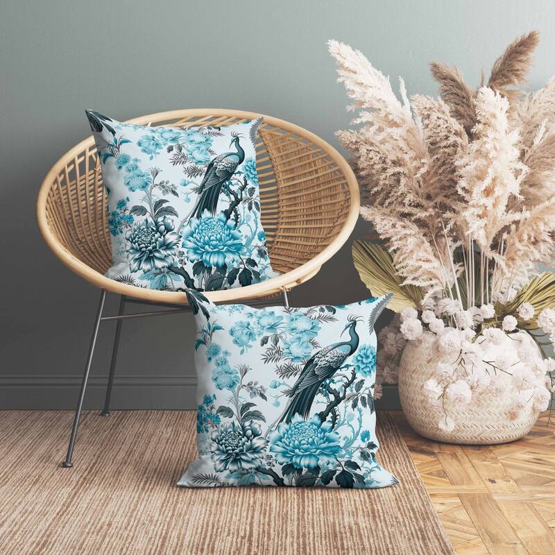 Peacock Panache Faux Suede Reversible Throw Pillow Turquoise and Grey