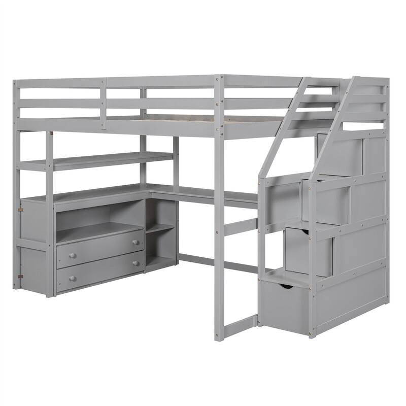 Twin/Full Size Stairway Loft Bed with Built-in Desk with Two Drawers, Solid Wood Bed Frame with Storage Shelves for Kids Teens