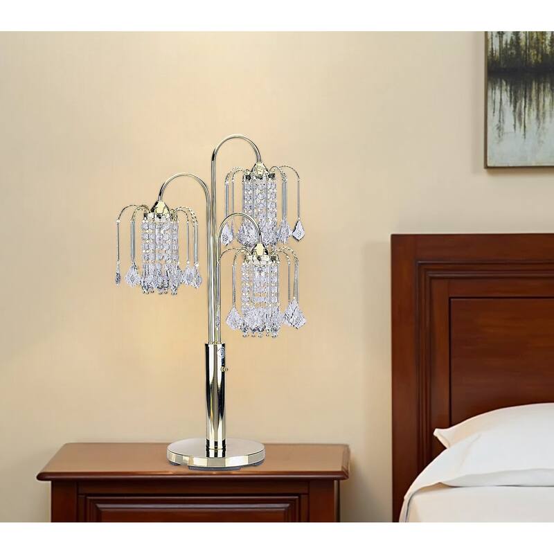 HomeRoots 34" Gold and Faux Crystal Three Light Chandelier Table Lamp - 15' X '34' X '15 - 15' X '34' X '15 - Gold