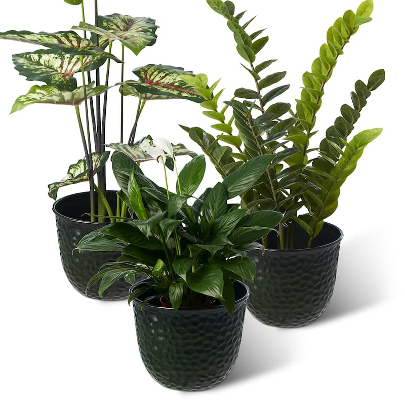 Glitzhome Honeycomb Textured Blue Green Faux Ceramic Pot Plastic Planter(Set of 2 / Set of 3)