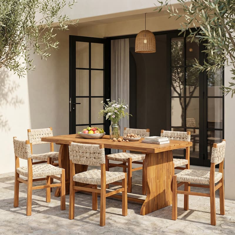 Christopher Knight Home - Norah 7-Piece Outdoor Acacia Wood Dining Set with Woven Wicker Chairs & 70" Rectangular Slat Table - Teak Finish+Light Grey
