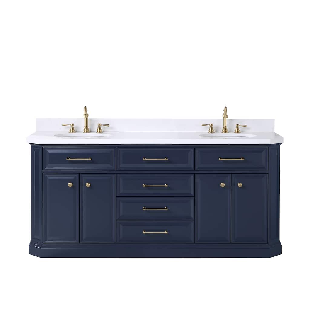 Palace 72 In. Double Sink Carrara Quartz Countertop Bath Vanity in Monarch Blue with Satin Gold Hardware