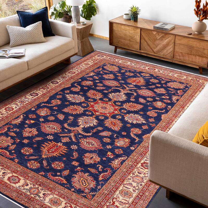 Southwestern Super Kazak Harmony Blue/Beige Hand Knotted Wool Rug - 7'11'' x 11'2''
