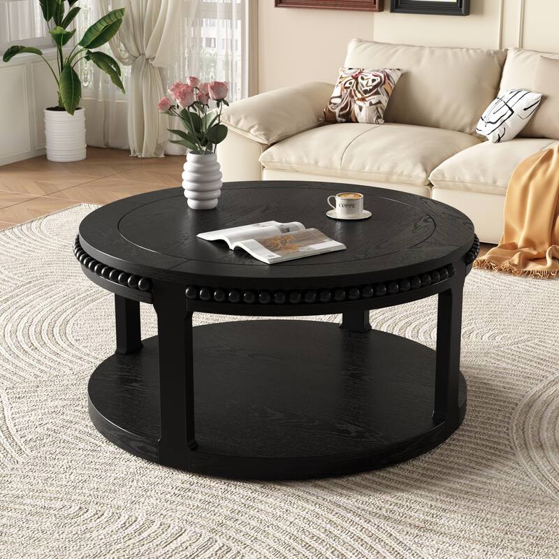 GDF Studio - Hensley 31.5" Wood Round Coffee Table with 2-Tier Storage Shelf - Black