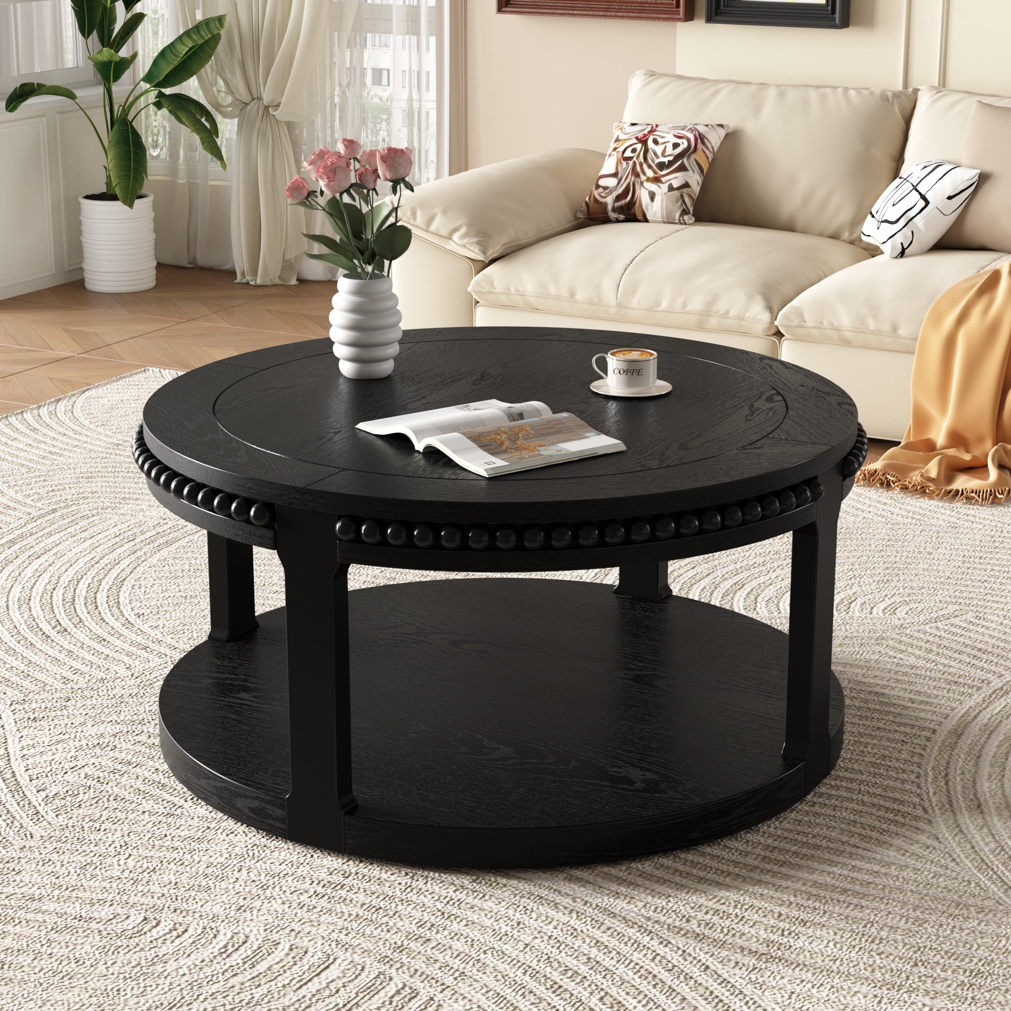 GDF Studio - Hensley 31.5" Wood Round Coffee Table with 2-Tier Storage Shelf