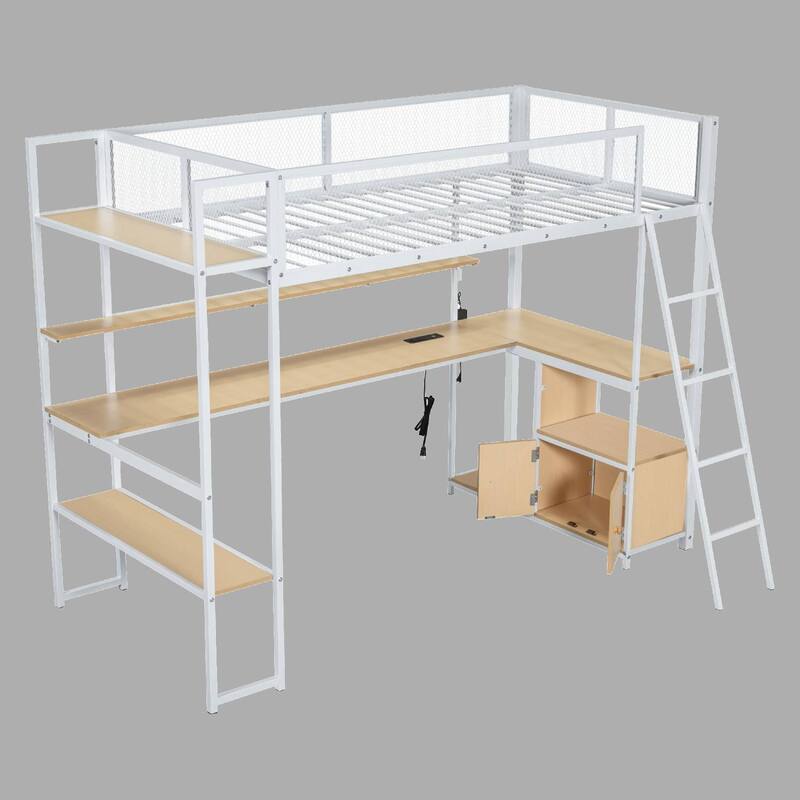 Space-Saving Twin Loft Bed with Desk, LED Lights, Storage Shelves & Charging Station for Kids & Teens - White - Twin