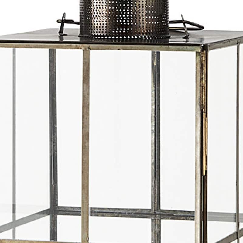 23" Gold Distressed Geometric Metal And Glass Tabletop Lantern Candle Holder