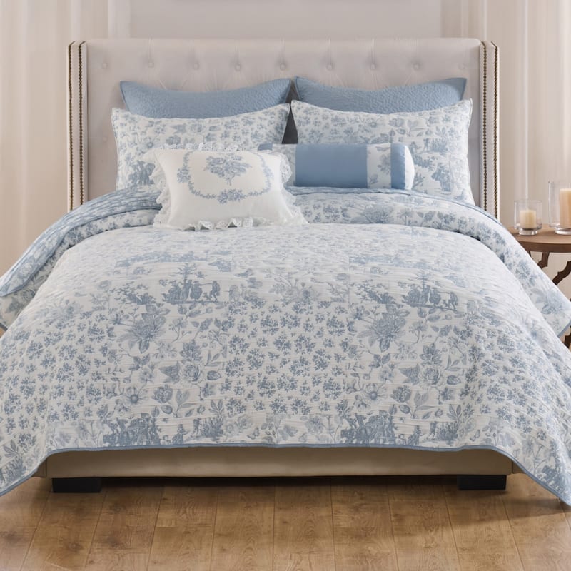 Greenland Home Fashions Patchwork Toile Reversible Matelasse Coverlet Set - King - Cal King - Blue