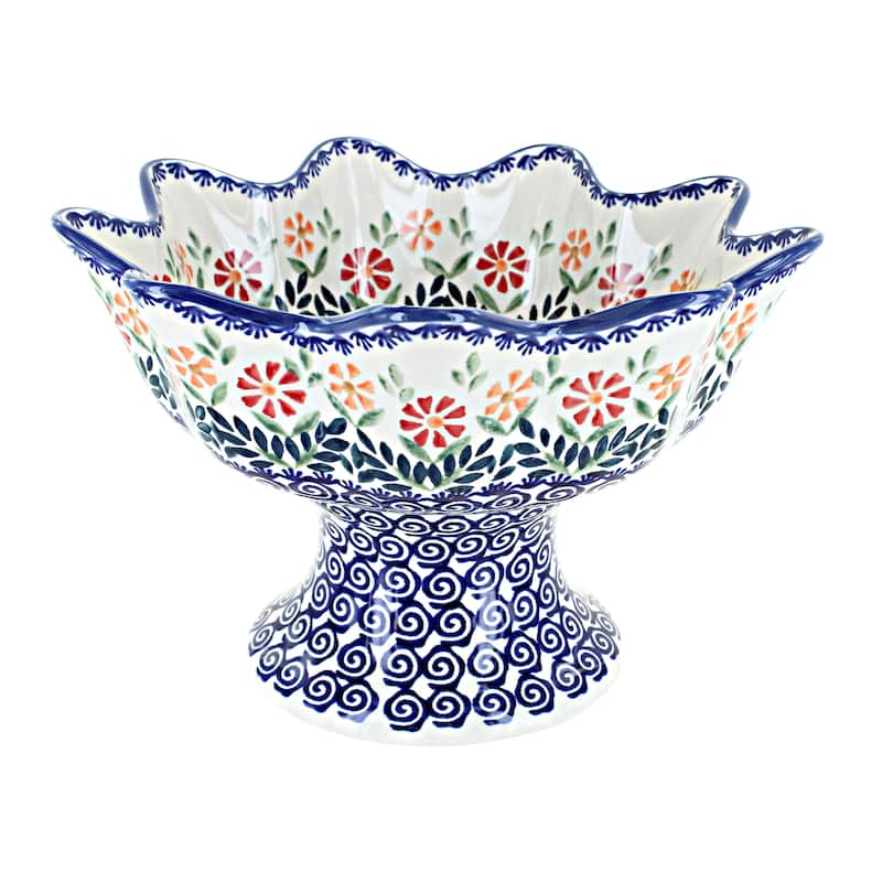 Blue Rose Polish Pottery P184 Manufaktura Pedestal Fruit Bowl - Garden Bouquet