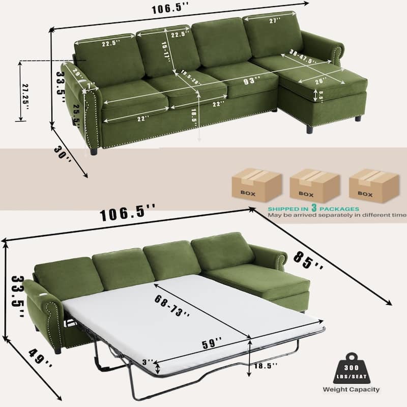 106.5" L-Shaped Flannelette Sectional Sofa with Pull-Out Bed