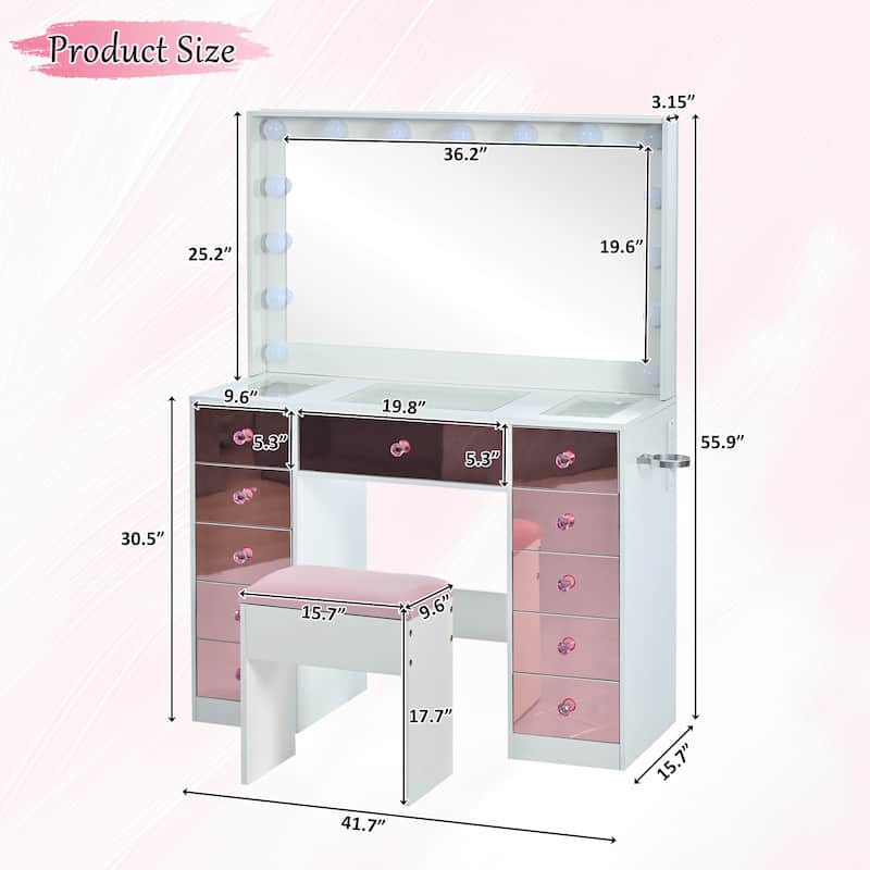 Makeup Vanity with 15 Hollywood Bulbs, 3 Color Lighting Modes Adjustable Brightness