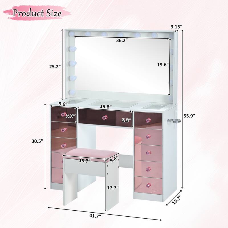 Pink Makeup Vanity Desk with Hollywood Mirror, Glass Top Dressing Table Set with Stool & Power Outlets
