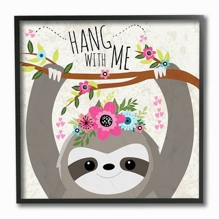 Stupell Hang With Me Sloth and Flowers, Framed Giclee, 12 x 1.5 x 12, Made in USA - Multi-color - 12 x 12