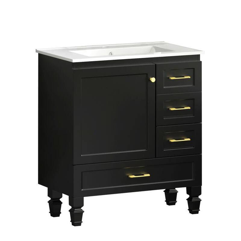 Bathroom Vanity with Ceramic Sink, Wooden Bathroom Storage Cabinet, Bathroom Cabinet with Soft Close Doors & 3 Drawers