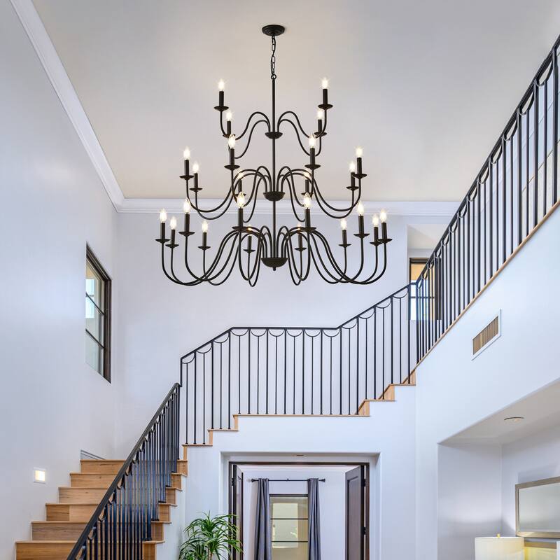 Farmhouse Chandelier, Black Metal Chandeliers Light Fixtures Industrial Adjustable Height-E12