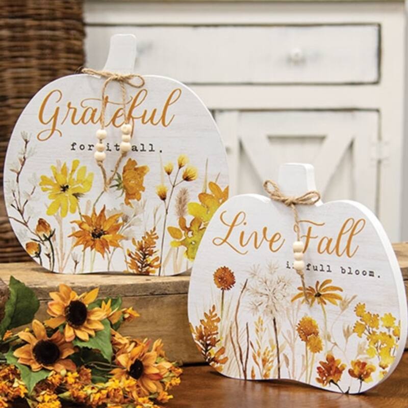 White Wooden Pumpkin Sitters Fall Tabletop Decor with Golden Wildflower Design 2 Asstd. - Taller sitter: 10" H x 9.5" W x .75" D