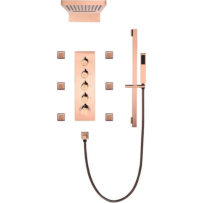 Rose Gold 22" Rainfall Waterfall Thermostatic Shower Faucet System w/ Jets, Sprayer, Slide Bar - Rose Gold