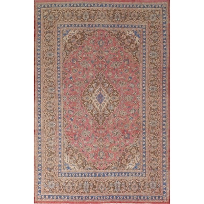 Distressed Pink Mashad Persian Vintage Rug Handmade Wool Carpet - 6'5"x 9'5"