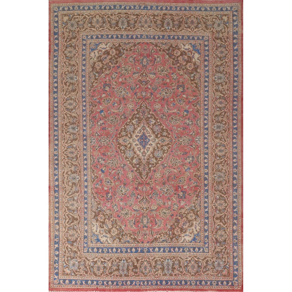 Distressed Pink Mashad Persian Vintage Rug Handmade Wool Carpet - 6'5"x 9'5"