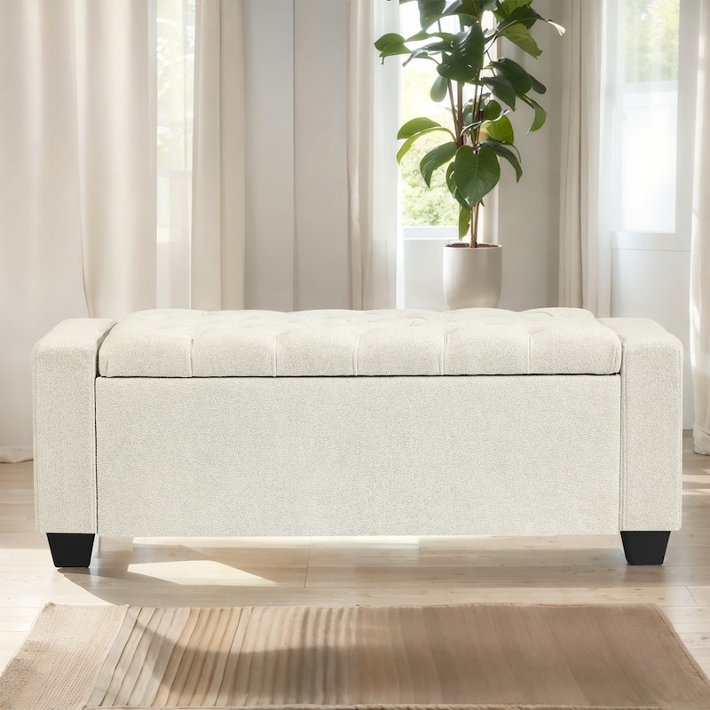Adeco Rectangle Storage Ottoman Bench for Living Room, Bedroom - Ivory-18.5"H