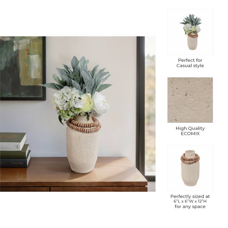 Pottery Mango Wood Vase Textured Surface and Removable Beaded Accent