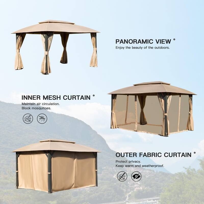 Outdoor Gazebo Shed with Double Roofs & Adjustable Corners, Removable Netting and Curtains, Water-proof Garden Shed