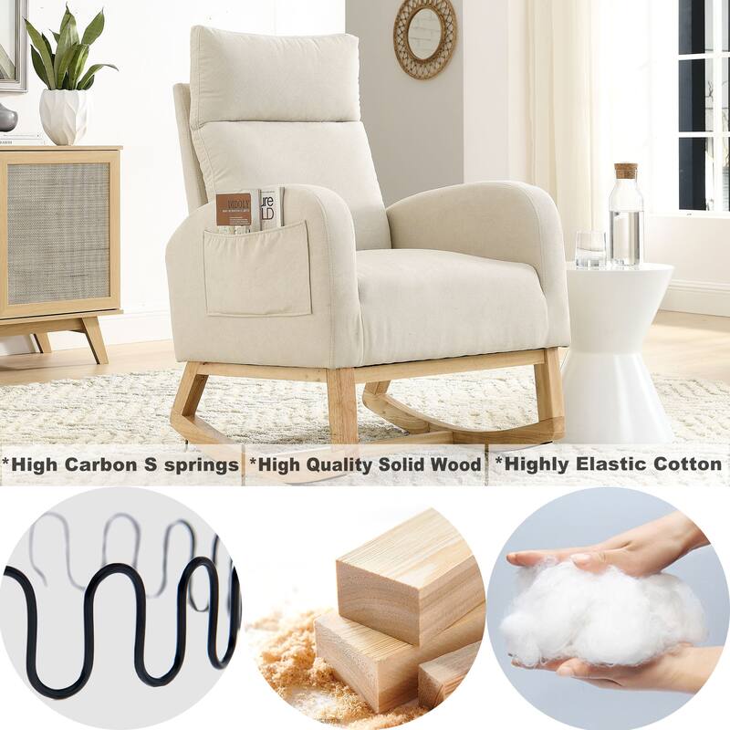 Wooden Base Glider Rocking Chair, Upholstered Nursery Rocker Chair with High Backres, Living Room Bedroom Lounge Chair Armchair - Beige