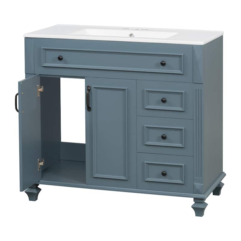 Roomfitters 36" Bathroom Vanity with Sink, Flip-Out Drawer, 3 Drawers, Soft-Close Doors, Solid Wood Cabinet