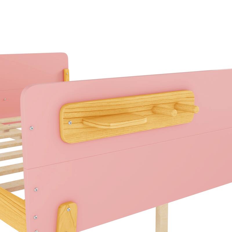 Kids Wood Platform Bed with Guardrails, Bottle Holder and 2 Hanging Rod, Convertible Toddler Daybed, Low Profile Design Frame