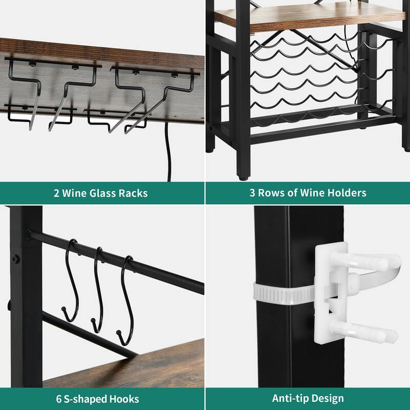 Freestanding Floor Wine Rack Table with Power Outlet Bottle Shelf and Glass Holder Home Bakers Rack