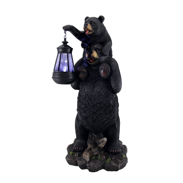 Lifting Spirits Bear Cub on Shoulders Statue and Solar LED Lantern - 19 X 8.5 X 8 inches