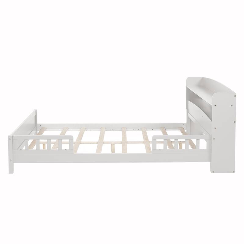 Full Size Platform Bed with LED Motion Sensor Light, Bookcase, And Adjustable Guardrails