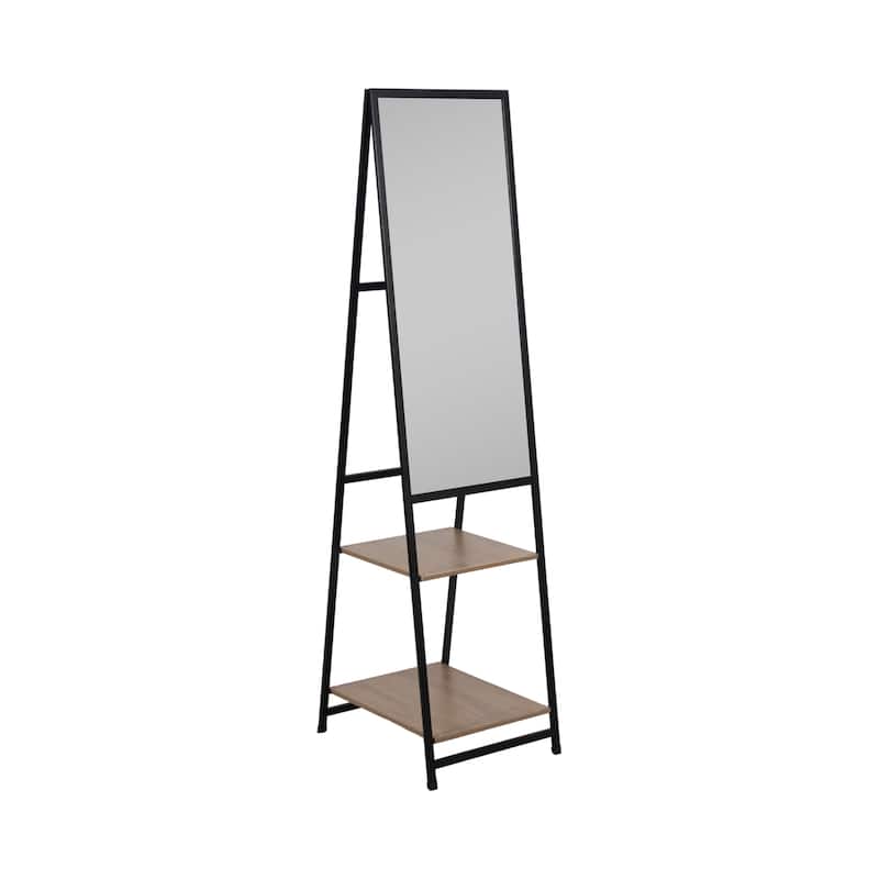 Sagebrook Home 63-inch Standing Mirror With Natural Wood Shelves with Black Frame - 16" x 2" x 63"