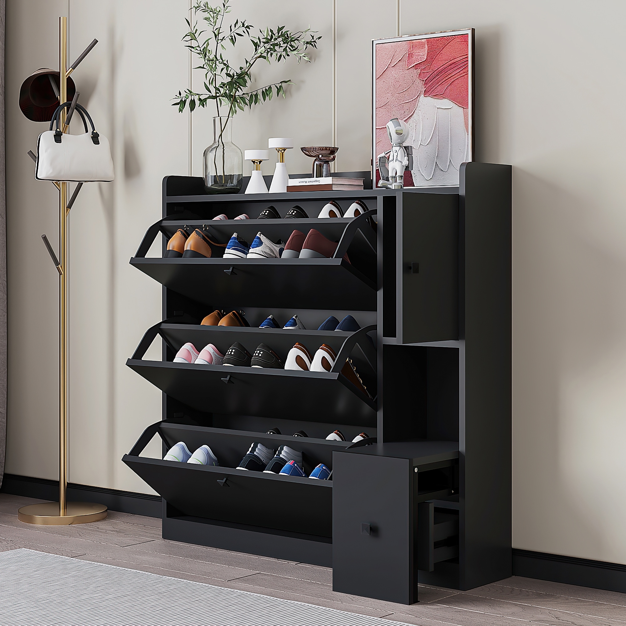 Wooden Shoe Cabinet, Freestanding Shoe Rack with 3 Flip Drawers & 5 shelves