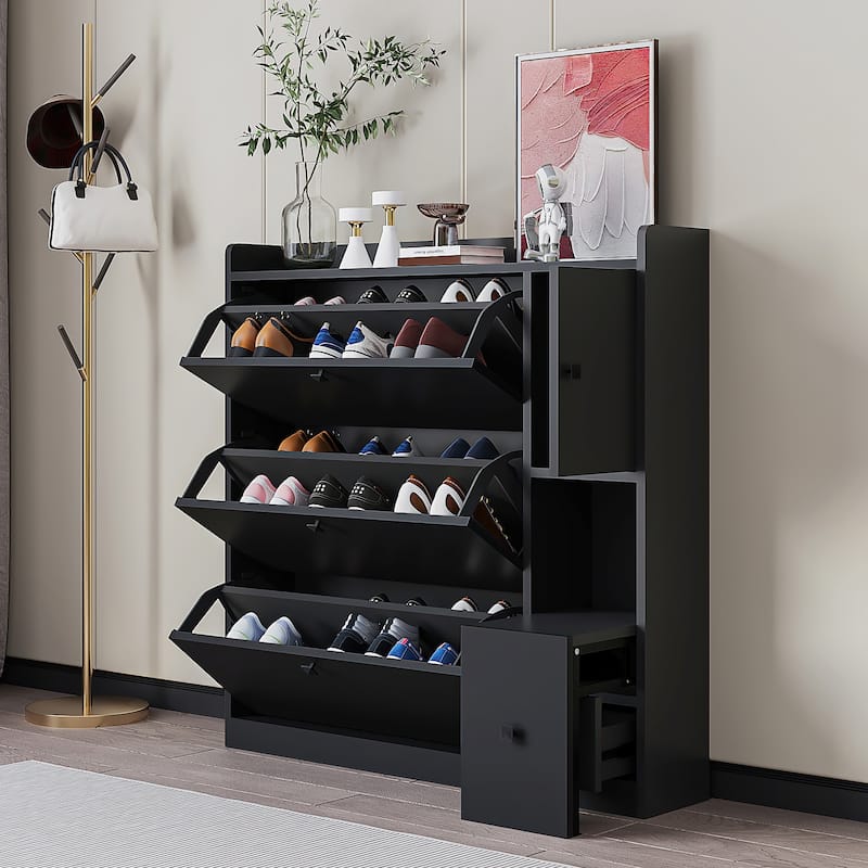 Versatile Shoe Cabinet with 3 Flip Drawers and Pull-down Seat - Black