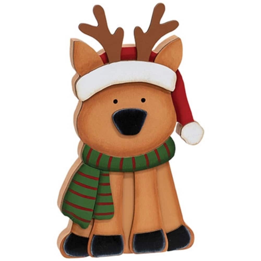Santa Hat Reindeer Chunky Wooden Sitter Christmas Decor - 5” x 0.75” x 9”