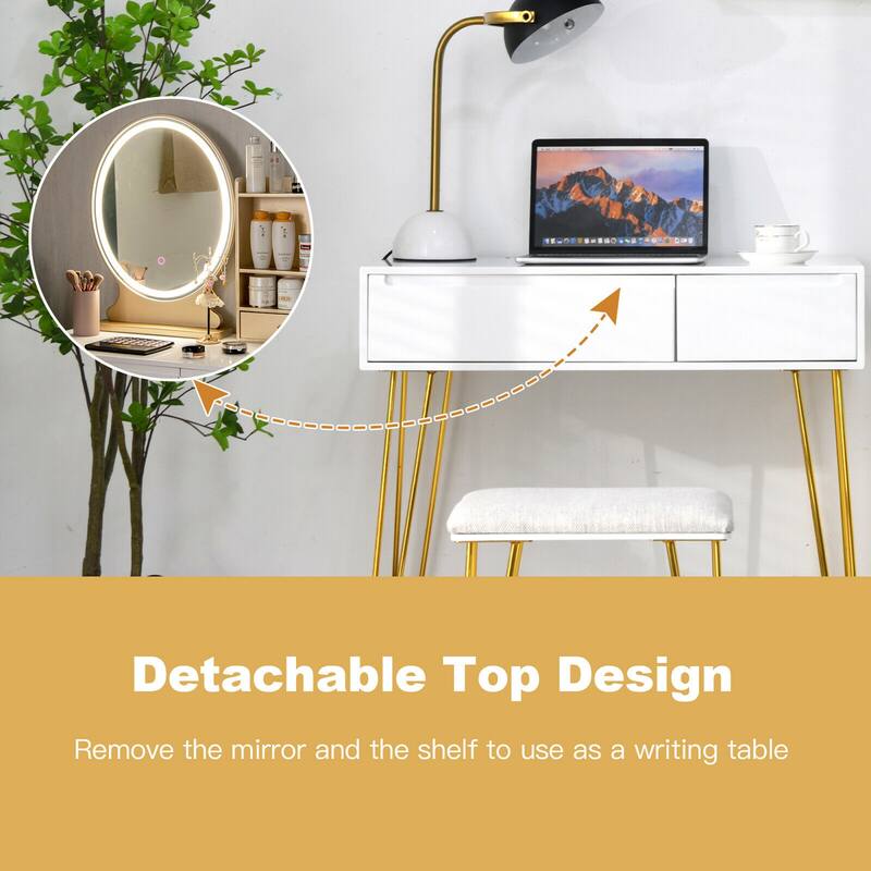 Gymax Vanity Table Set Lighted Mirror Storage Drawer Shelf Cushion