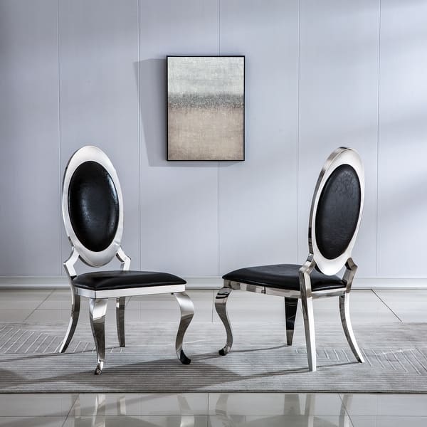 slide 2 of 8, Set of 2 Leatherette Dining Chairs, Accent Chairs with Oval Backrest, Upholstered Dining Room Chairs with Curved Legs Black and Silver