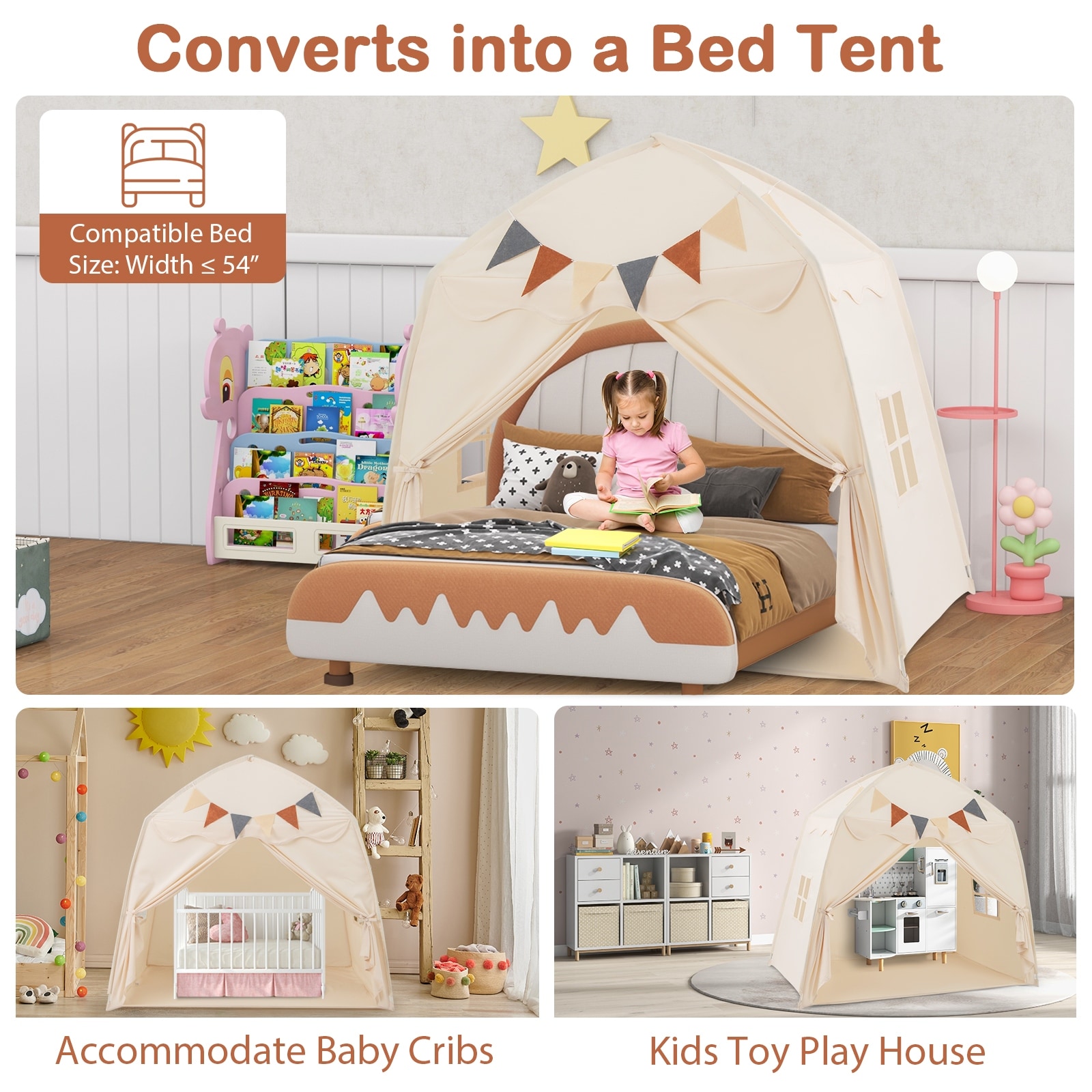 Beige Extra Large Playhouse Tent with String Lights Perfect