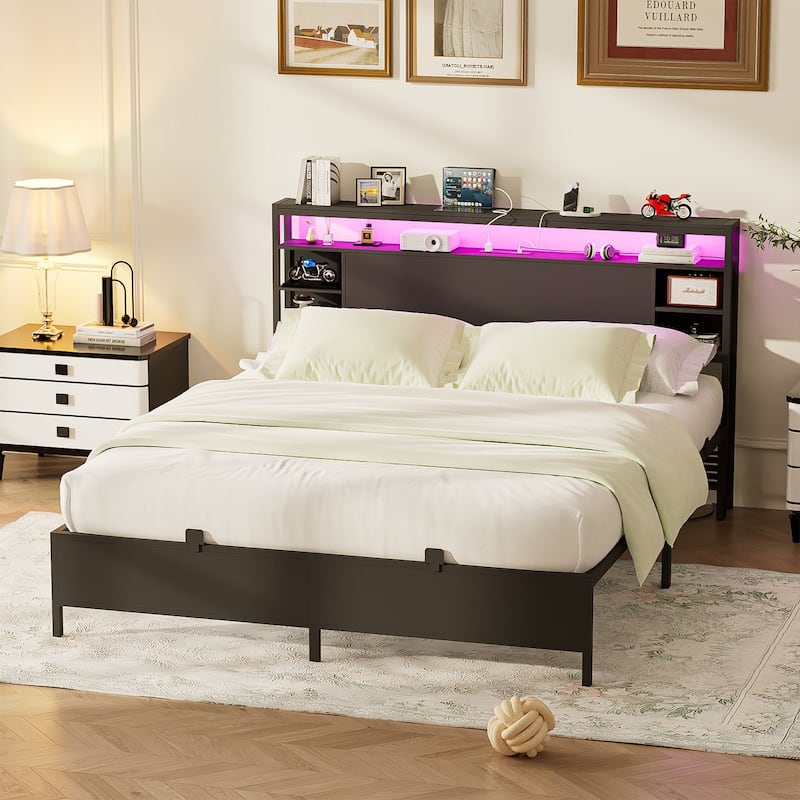 Bed Frame with Charging Station and RGB LED Lights, Sturdy Platform Bed with Storage Headboard,