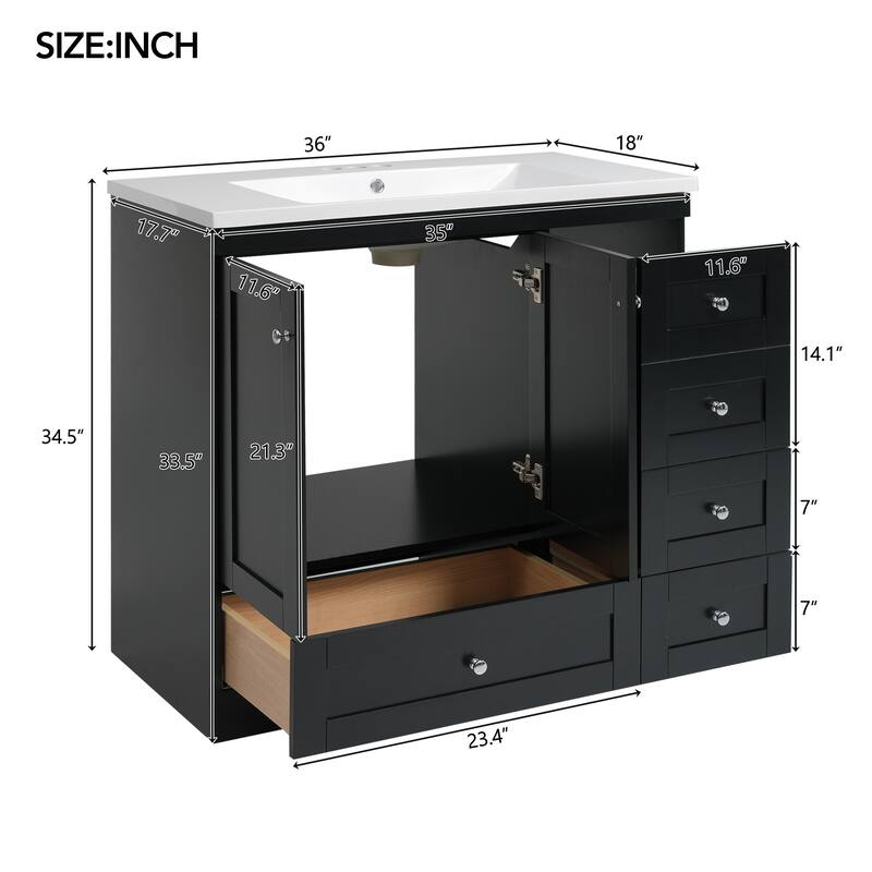 GDFStudio - Vega Wood & Ceramic 36" Shaker Style Bathroom Vanity with Sink, 4 Drawers & 2 Doors