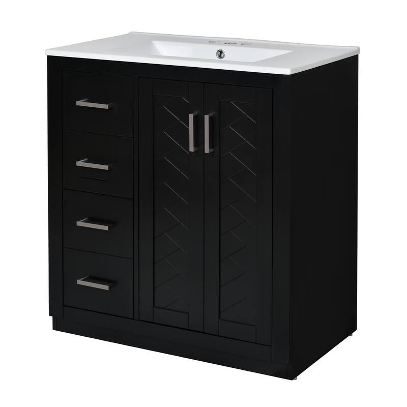 30" Bathroom Vanity with Ceramic Sink - Solid Wood Frame, 3 Drawers & 2 Soft-Close Doors - Modern Freestanding Storage Cabinet