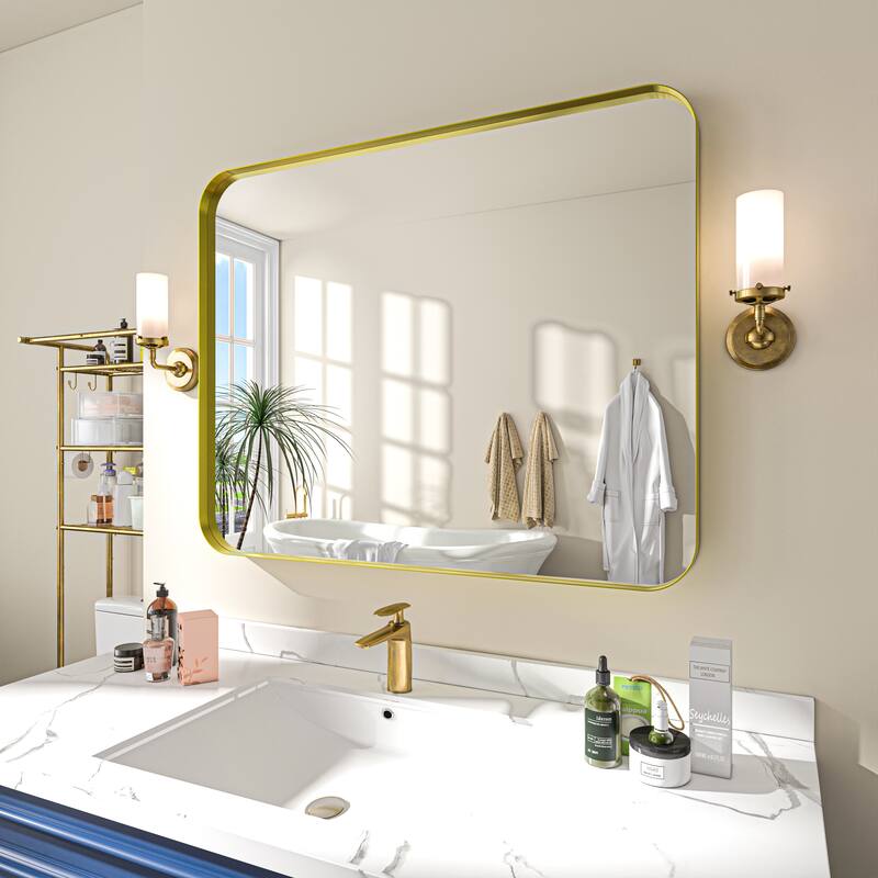 TOOLKISS Aluminum Alloy Round Corner Frame Vanity Mirror - 32 in. W x 40 in. H - Brushed Gold