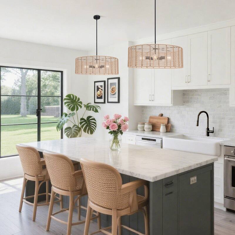 Farmhouse 5-Light Drum Chandelier Coastal Handmade Rattan Pendant for Dining Room - Nature - D26"xH9.8”