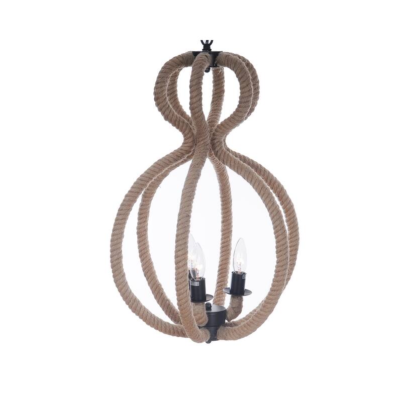 HomeRoots Natural and Black Iron and Rope Three Light Ceiling Light - 15' X '47.5' X '15