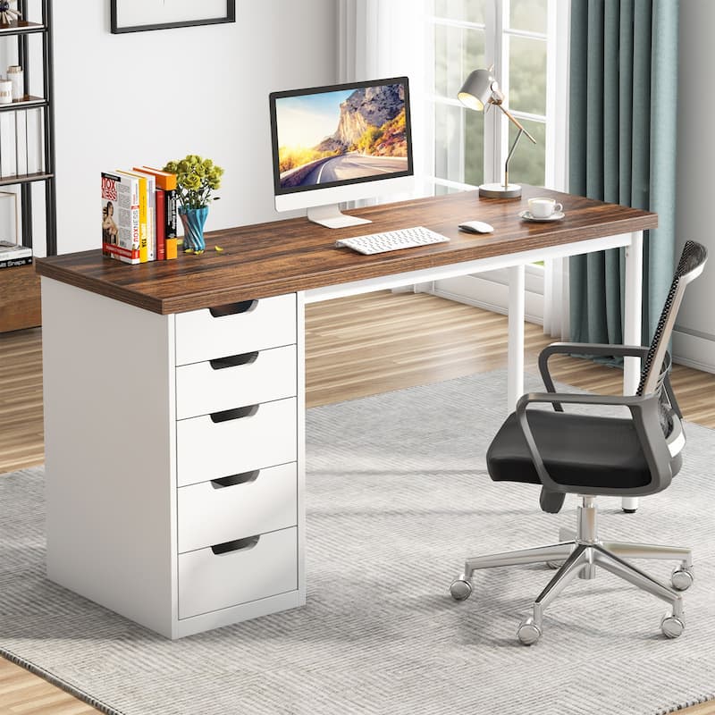 47-inch Computer Desk with 5-drawer, Wood and Metal Writing Desk for Study Living Room - Brown+White