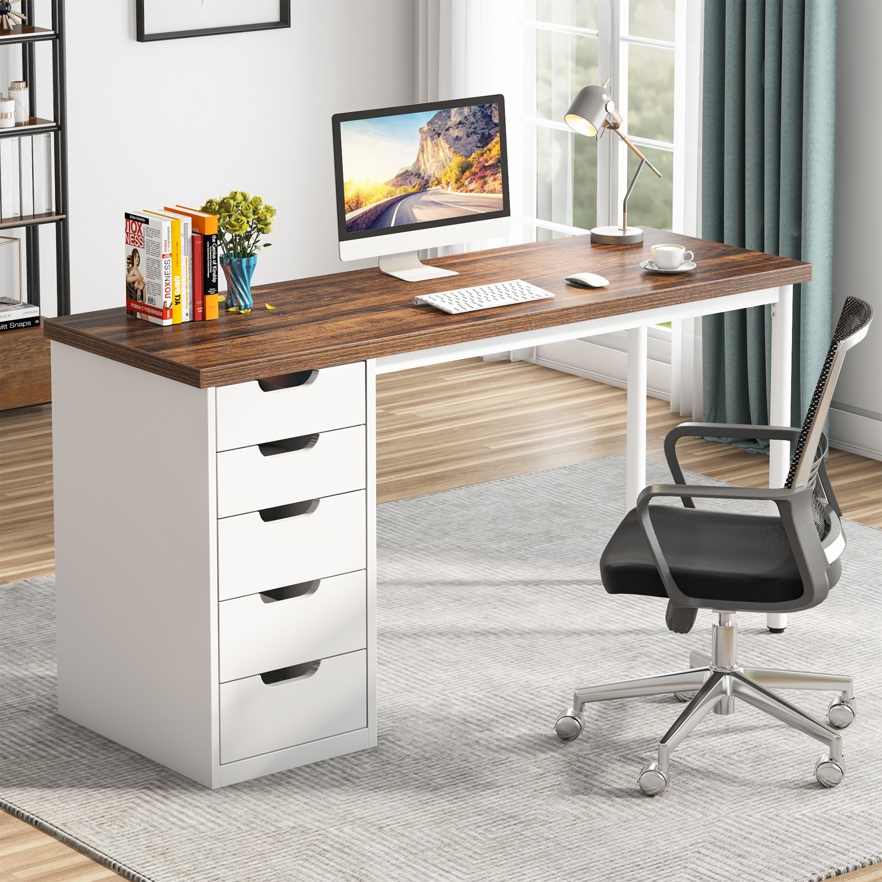 47-inche Computer Desk Study Writing Table with 5 Drawers for Home Office