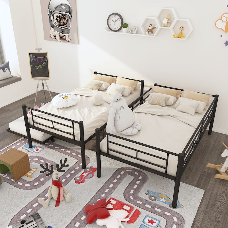 Gray Twin Over Twin Metal Bunk Bed Frame with Trundle (Upgrade